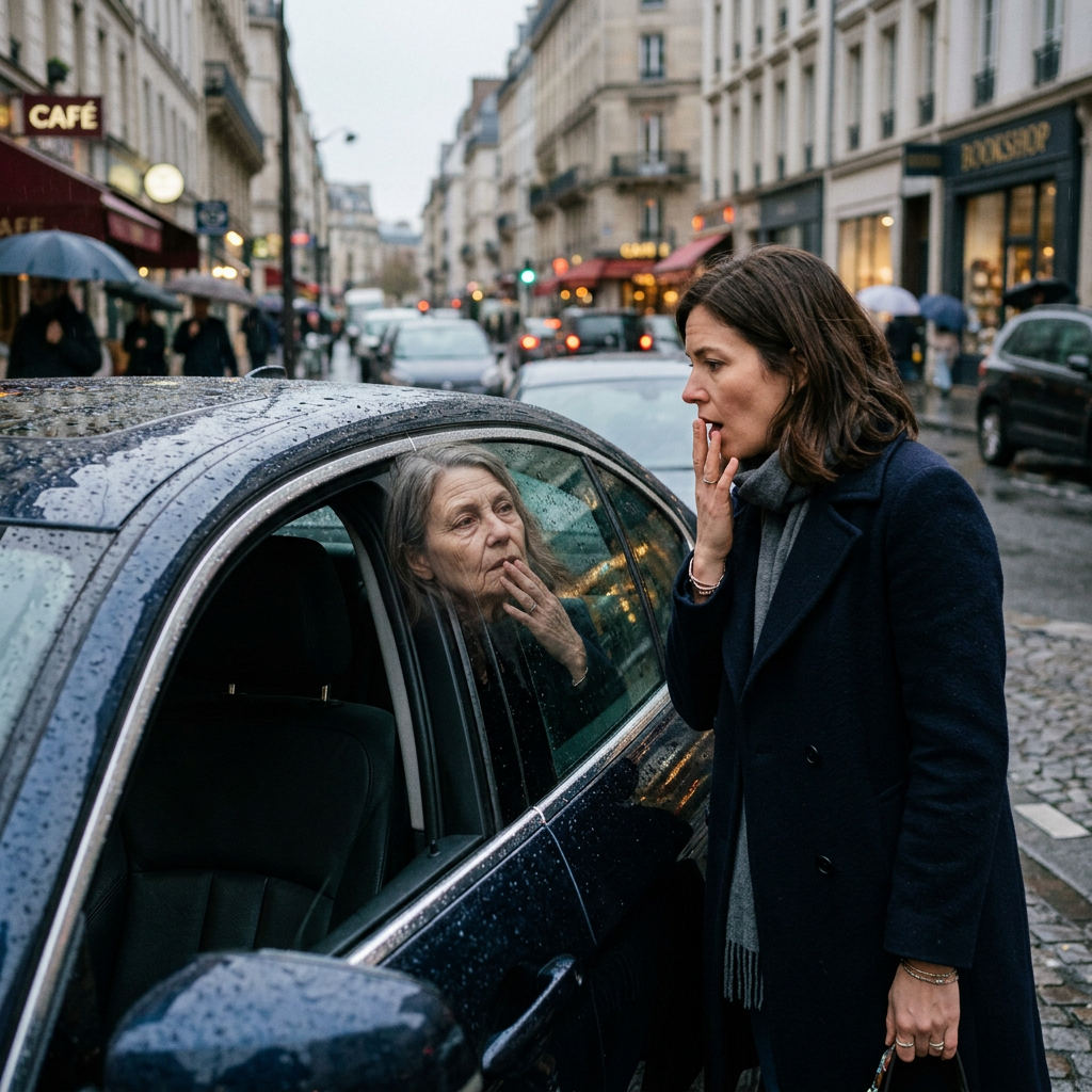 Woman looking at her reflection in a rainy car window on a city street