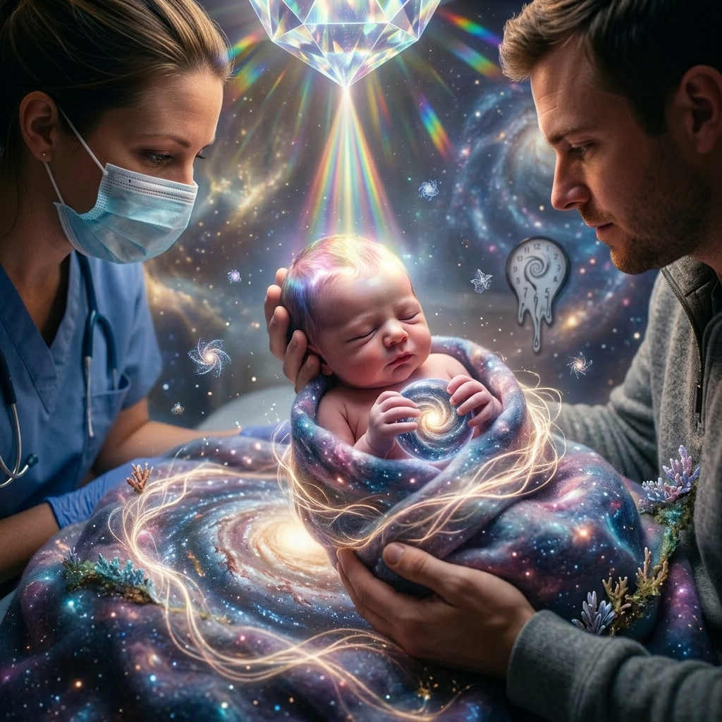 Newborn baby wrapped in galaxy-themed blanket held by father with nurse observing