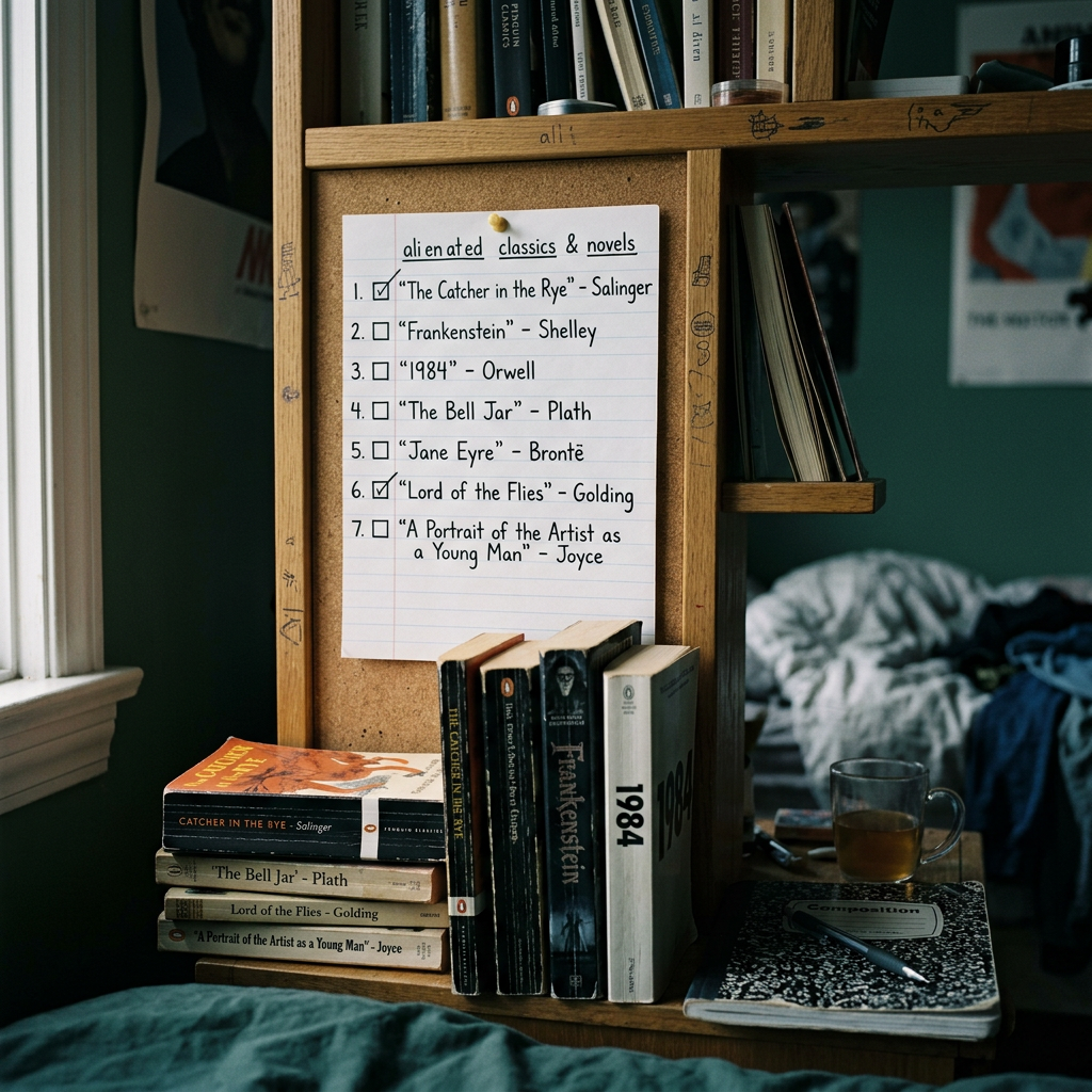 Handwritten checklist of alienated classics with books on desk
