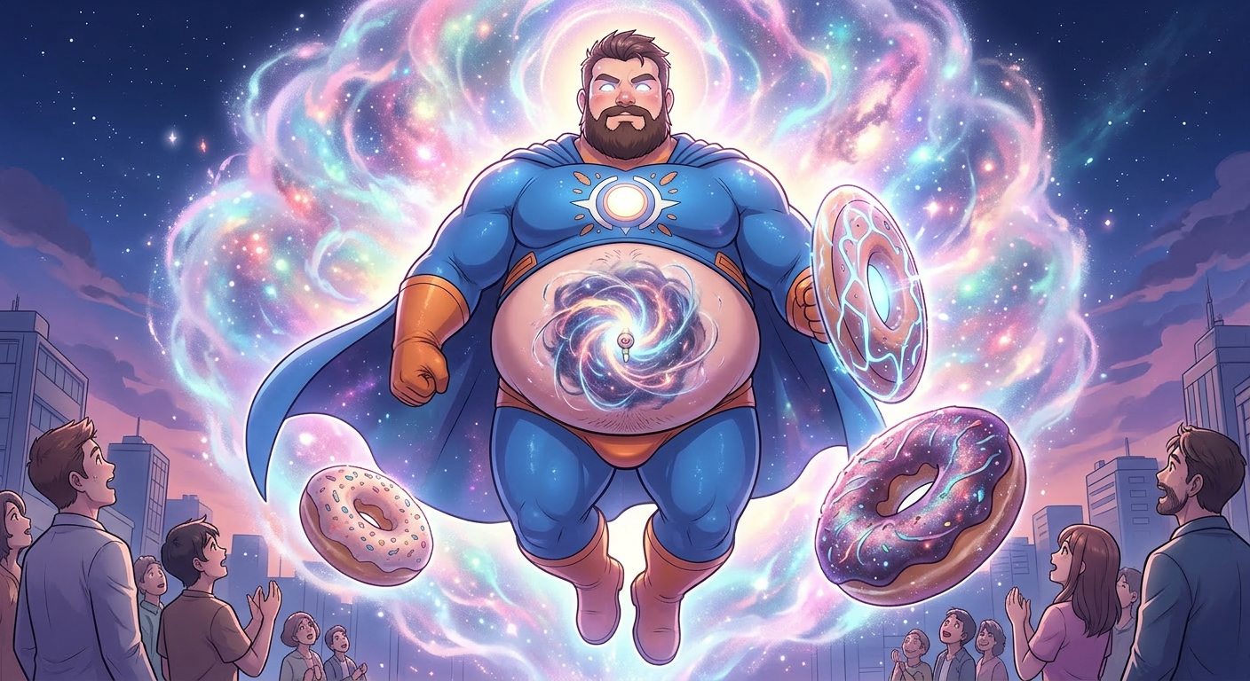Godlike belly-button superhero, fat belly, lint aura