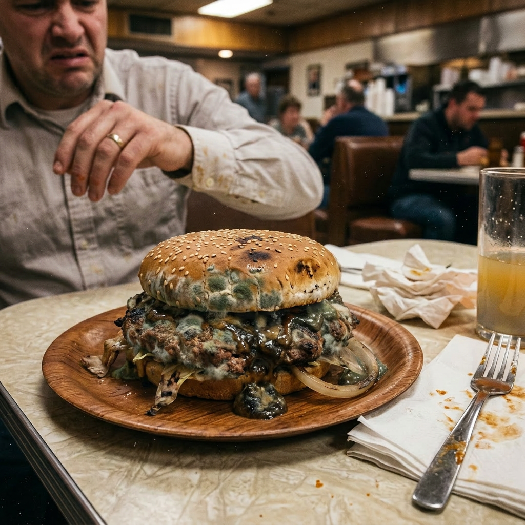 Charred cheeseburger with lettuce, onion, ketchup, and mustard on sesame bun on a wooden plate