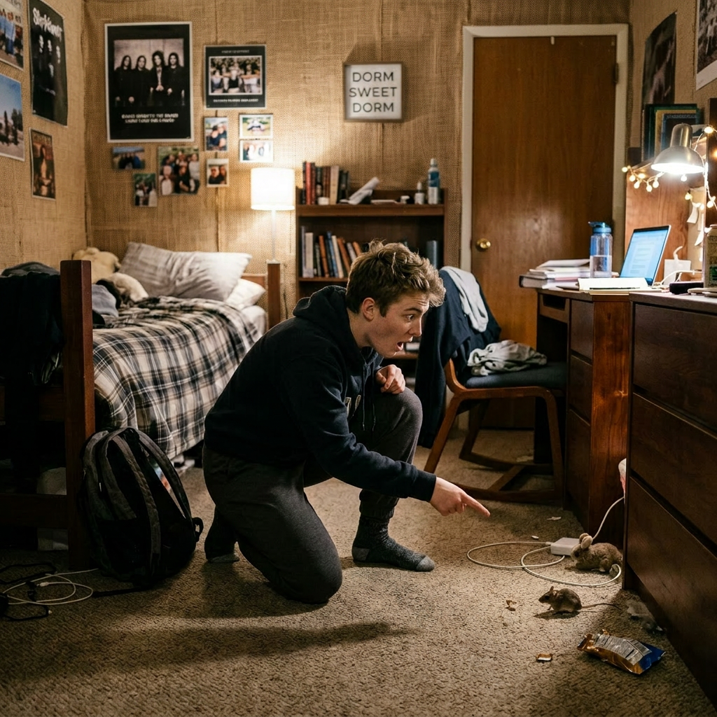 Student pointing at two mice on dorm room floor with snacks and cables nearby
